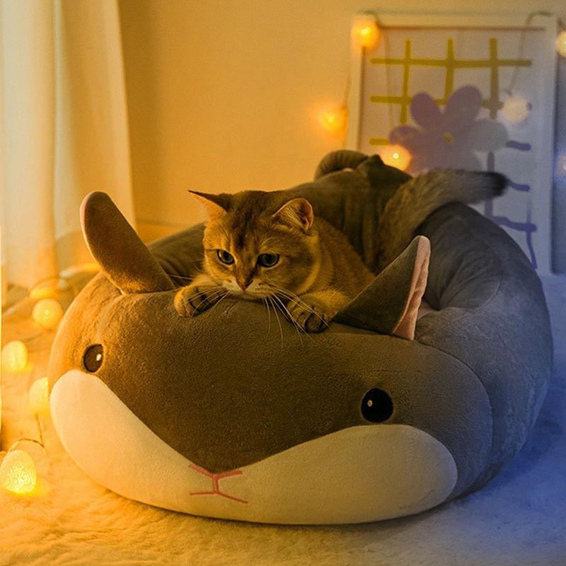 Katzenstreu Winter Niedliche Tierform Katze Halbgeschlossenes Hausbett Warme Hundestreu Kleine Hunde Heimtierbedarf L 50*50*1