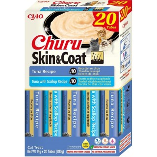 INABA Churu Cat Skin Coat 20x14g Thunfisch, Thunfisch und Jakobsmuscheln Creme Katzenleckerli