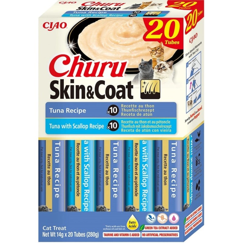 INABA Churu Cat Skin Coat 20x14g Thunfisch, Thunfisch und Jakobsmuscheln Creme Katzenleckerli