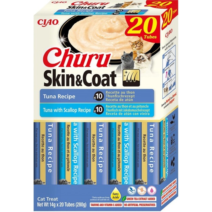 INABA Churu Cat Skin Coat 20x14g Thunfisch, Thunfisch und Jakobsmuscheln Creme Katzenleckerli