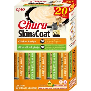 INABA Churu Cat Skin Coat 20x14g Huhn, Huhn und Jakobsmuscheln Creme Katzenleckerli