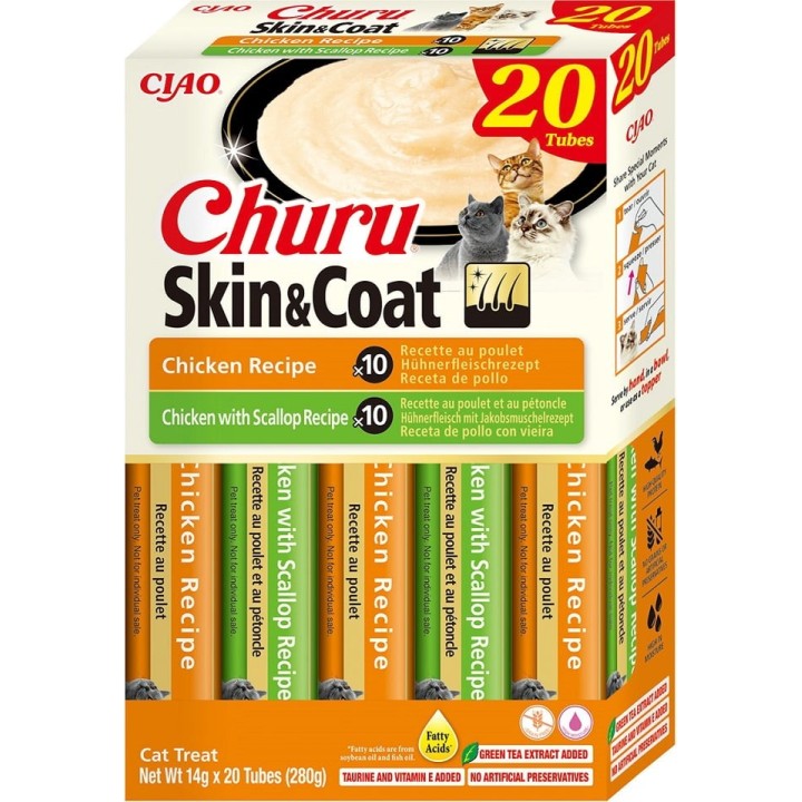 INABA Churu Cat Skin Coat 20x14g Huhn, Huhn und Jakobsmuscheln Creme Katzenleckerli
