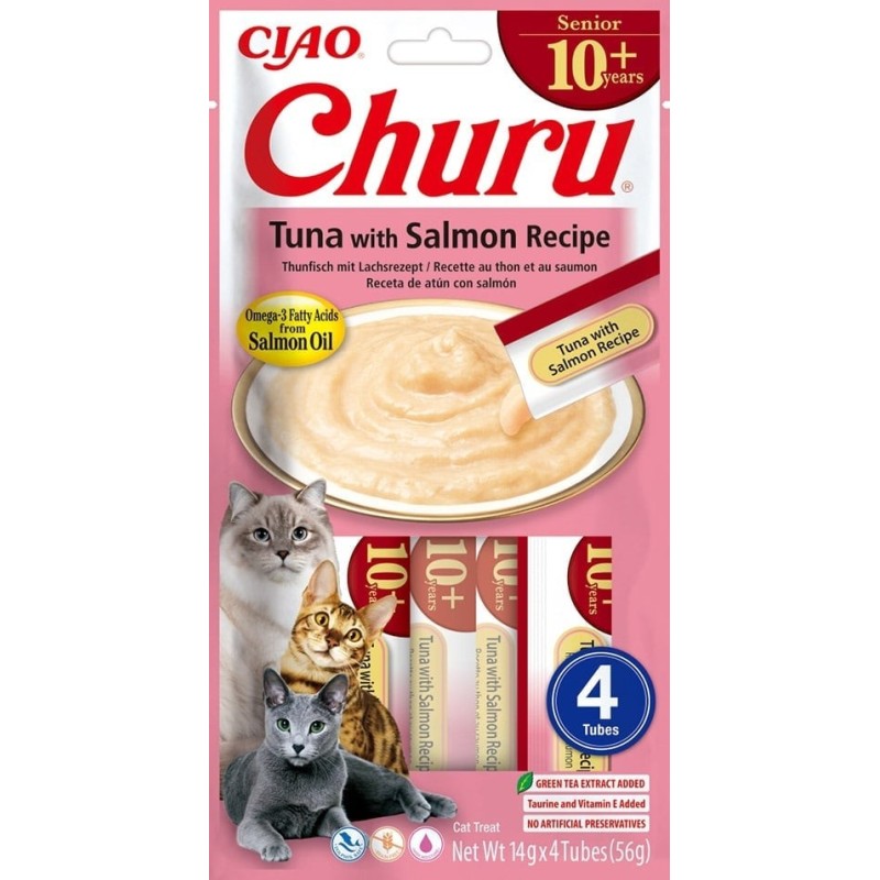 INABA Churu Cat Senior Tuna with Salmon 4x14g Cremiges Leckerli für ältere Katzen mit Thunfisch und Lachs