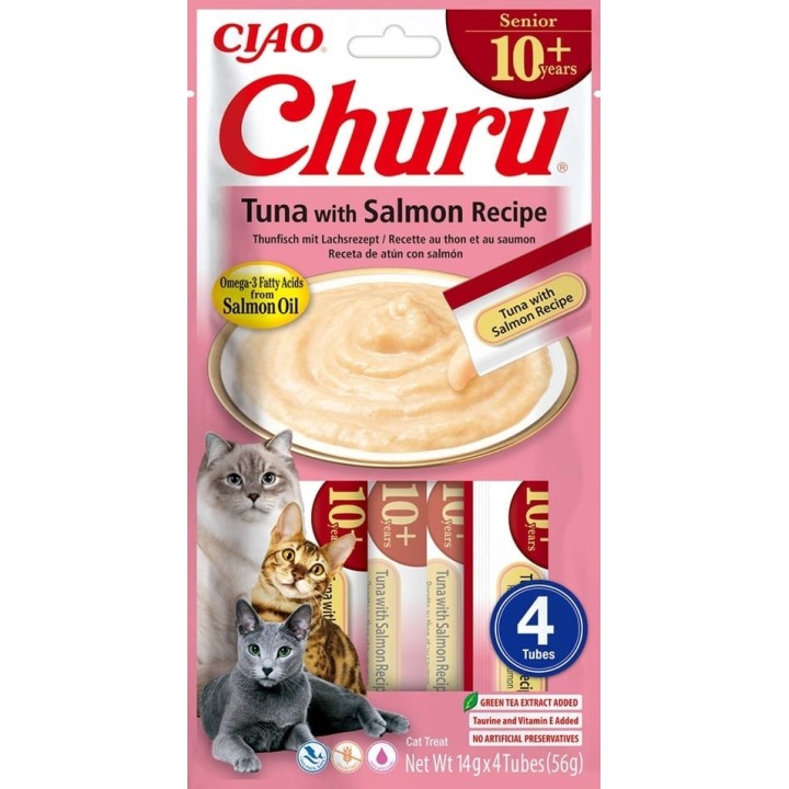 INABA Churu Cat Senior Tuna with Salmon 4x14g Cremiges Leckerli für ältere Katzen mit Thunfisch und Lachs