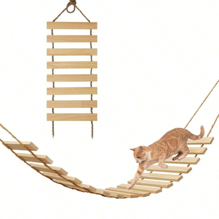 1 Stück Katzenbrücke, geeignet für Katzenkäfig, Baum und Wandhalterung, hängende Katzen-Kletterwandleiter aus echtem Holz zum