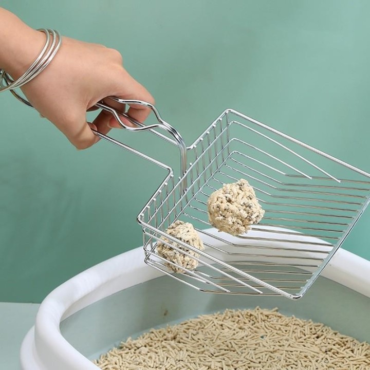 Katzenstreuschaufel aus Edelstahl, Schaufel mit Holzgriff, leicht zu reinigen, sieht gut aus, reduziert Staub, geeignet für k