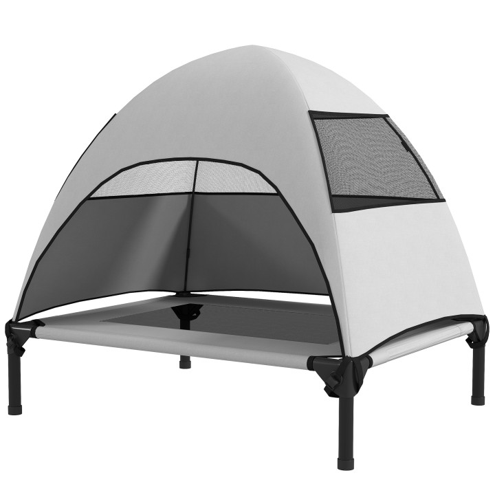 PawHut Hundeliege Outdoor mit Dach, Erhöhtes Hundebett für Mittelgroße Hunde, Kühlendes Haustierliege mit Waschbares Mesh Met