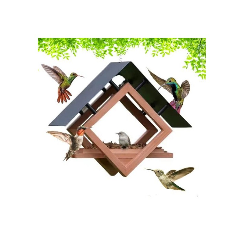 Vogelfutterspender zum Aufhängen im Freien, Vogelfutterspender aus Holz mit wetterfestem Metalldach, Wildvogelfutterhaus für