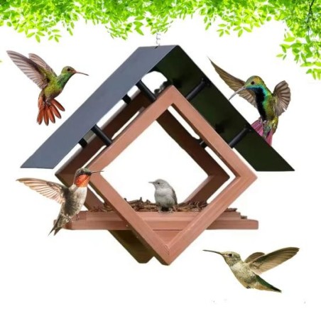 Vogelfutterspender zum Aufhängen im Freien, Vogelfutterspender aus Holz mit wetterfestem Metalldach, Wildvogelfutterhaus für