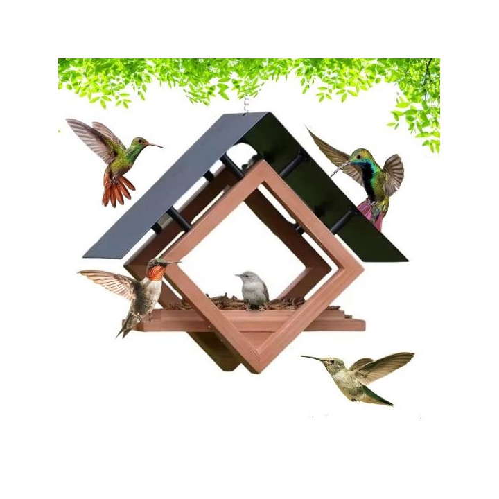 Vogelfutterspender zum Aufhängen im Freien, Vogelfutterspender aus Holz mit wetterfestem Metalldach, Wildvogelfutterhaus für