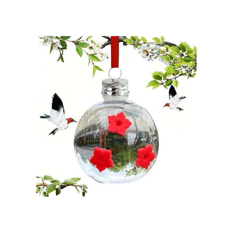 Hängender Kolibri-Futterspender, rund, durchsichtig, für den Außenbereich, Kolibri-Wasserspender mit 3 Blumenöffnungen zur De