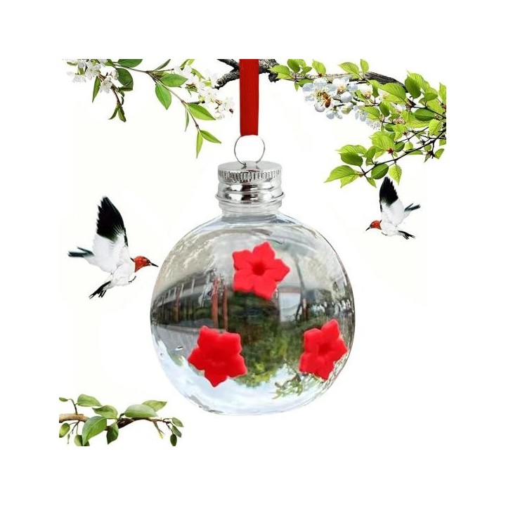 Hängender Kolibri-Futterspender, rund, durchsichtig, für den Außenbereich, Kolibri-Wasserspender mit 3 Blumenöffnungen zur De