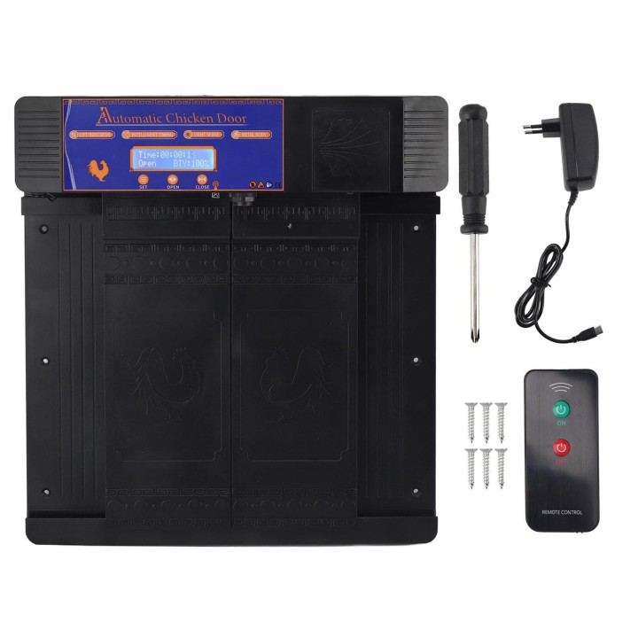 Automatischer Hühnerstall-Türöffner mit Timer, programmierbar, Lichtsensor, LED-Bildschirm, wetterfest schwarz