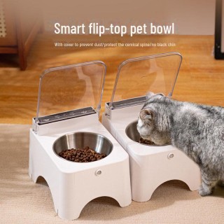 Katzennapf aus Edelstahl mit automatischer Staubabdeckung und hohem Keramikfußständer zum Schutz des Nackens, abnehmbarer int