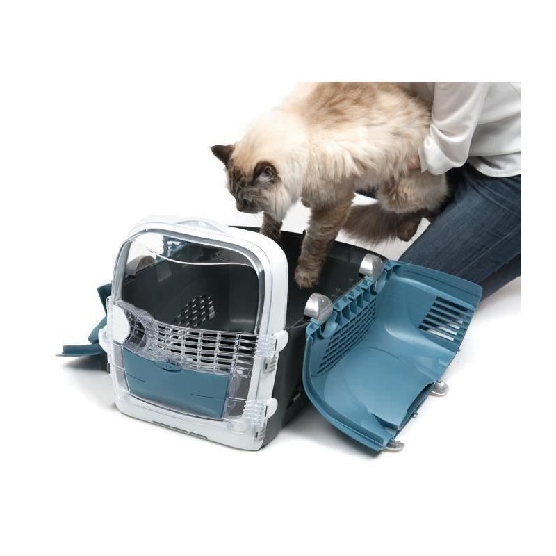 Cage de transport pour chat - CATIT - Cabrio - Multifonctionelle - Ouverture 360° - Bleu-gris