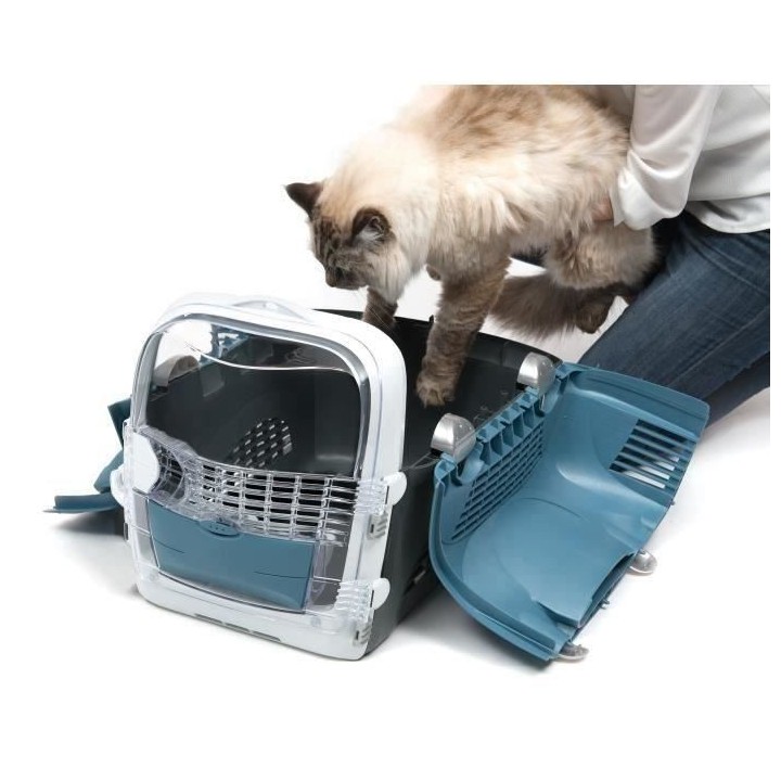 Cage de transport pour chat - CATIT - Cabrio - Multifonctionelle - Ouverture 360° - Bleu-gris
