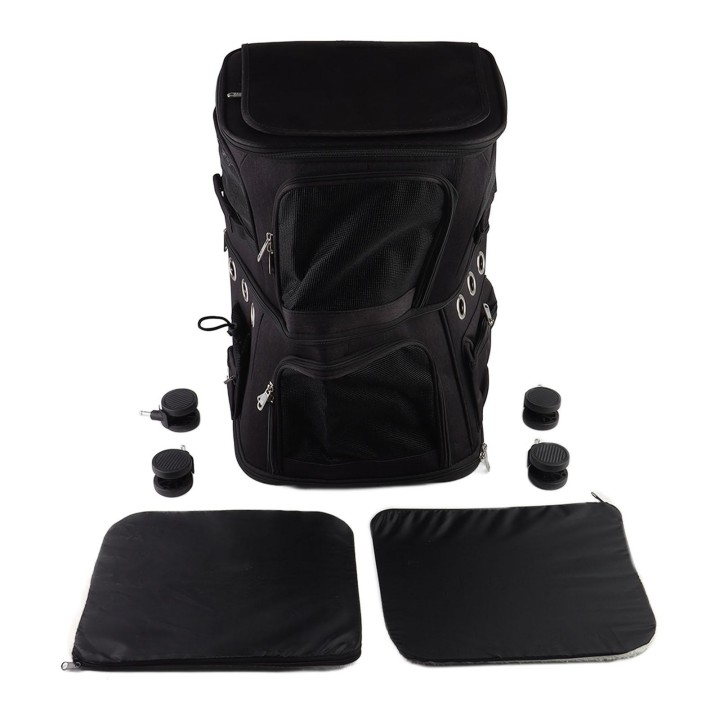 Haustier-Tragerucksack mit zwei Fächern, zusammenklappbarer Katzen-Rucksack mit Trolley-Rädern für unterwegs schwarz