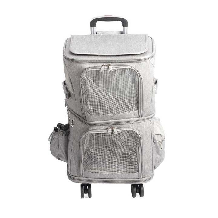 Haustier-Tragerucksack mit zwei Fächern, zusammenklappbarer Katzen-Rucksack mit Trolley-Rädern für unterwegs graue