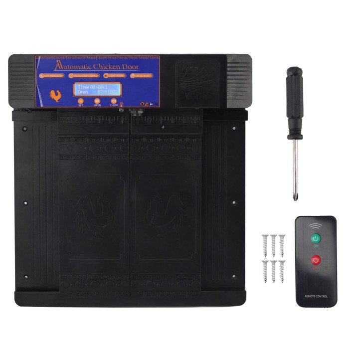 Automatischer Hühnerstalltür-Lichtsensor, Doppeltür, Einklemmschutz, Hühnerstall-Türöffner mit Timer schwarz