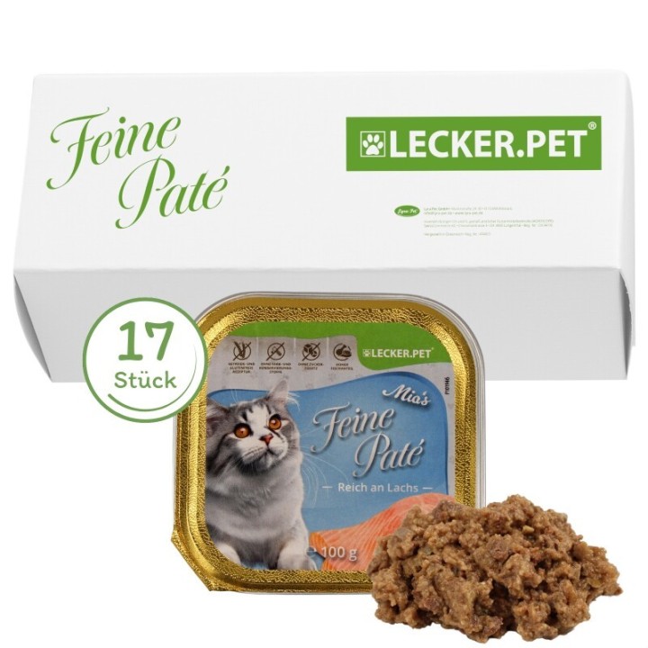 Lyra Pet Lecker.Pet Mia's Feine Paté Reich an Lachs Katzenfutter Nassfutter Vollnahrung 17x100 g