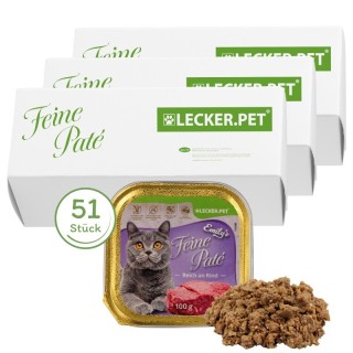 Lyra Pet Lecker.Pet Emily's Feine Paté Reich an Rind Katzenfutter Nassfutter Vollnahrung 51x100 g