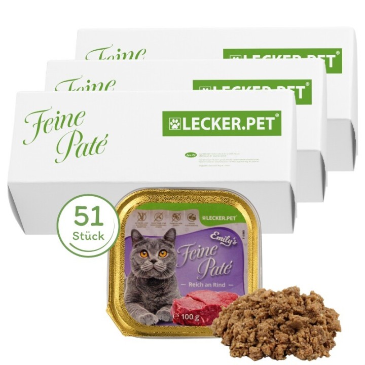 Lyra Pet Lecker.Pet Emily's Feine Paté Reich an Rind Katzenfutter Nassfutter Vollnahrung 51x100 g