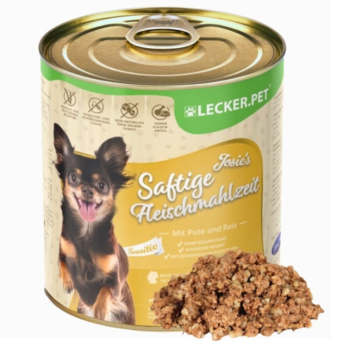 Lyra Pet Lecker.Pet Josie's Saftige Fleischmahlzeit Sensitiv mit Pute & Reis Hundefutter Nassfutter 12x800 g