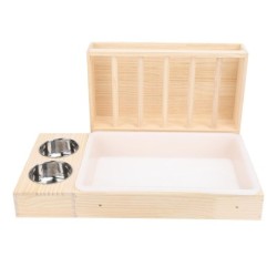 Kaninchen-Heu-Futterautomat mit Katzentoilette, 2 Edelstahlschüsseln, schmutzabweisende Futterkrippe aus Holz für Kaninchen L
