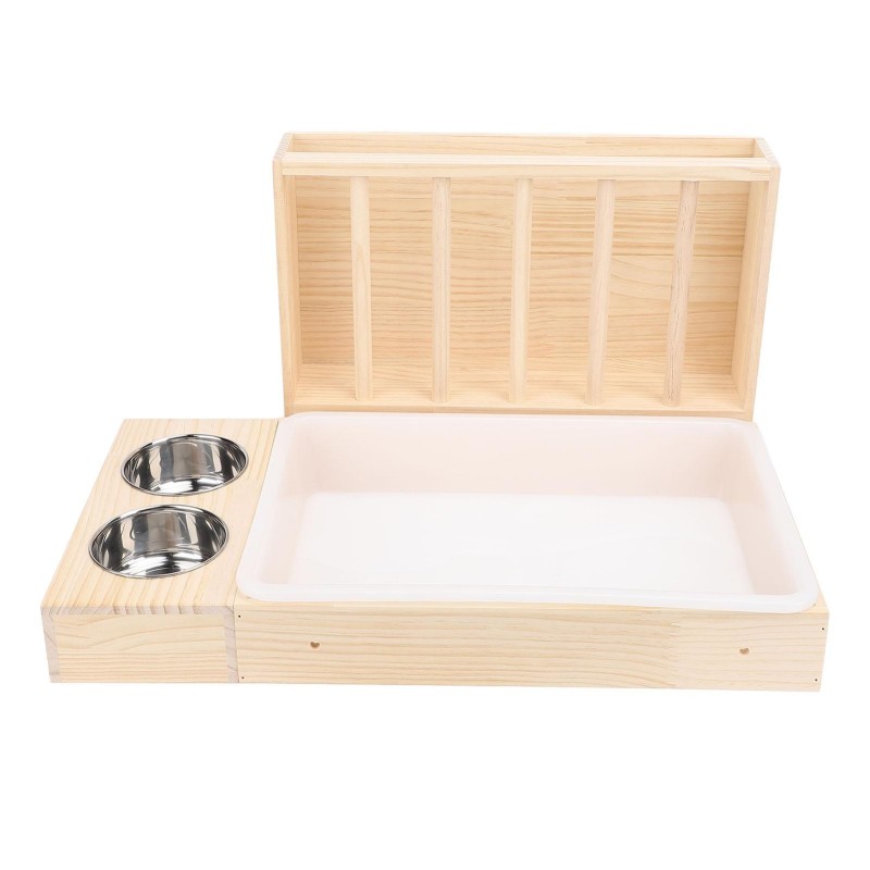 Kaninchen-Heu-Futterautomat mit Katzentoilette, 2 Edelstahlschüsseln, schmutzabweisende Futterkrippe aus Holz für Kaninchen L