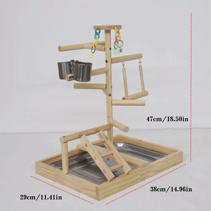 Spielständer für Papageien, Vogelspielplatz, Holz, Vogelspielständer mit bunter Leiter, Tablett, Futternäpfen, Schaukel und S