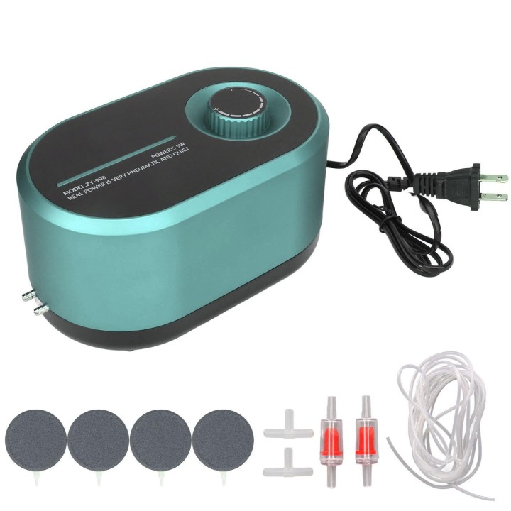 Sauerstoffpumpe für Aquarien mit zwei Ausgängen, leise, einstellbar, Luftpumpe für Aquarien mit Ausströmerstein, Luftschlauch