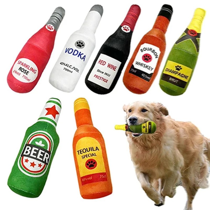 Lustiges Hundespielzeug aus Plüsch in Bierflaschenform, Quietschgeräusche, saubere Zähne, Kauspielzeug für kleine und große H