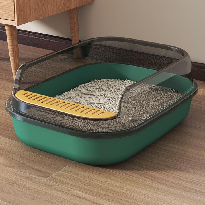 Übergroße transparente, halbgeschlossene Katzentoilette – Spritzschutz-Design Includes Cat Scoop (Random Color)