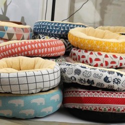 Warme Katzenbettmatten, runde Zwingerbetten für Katzen und Hunde, Fleece-Plüschkissen, Druckmuster 50cm