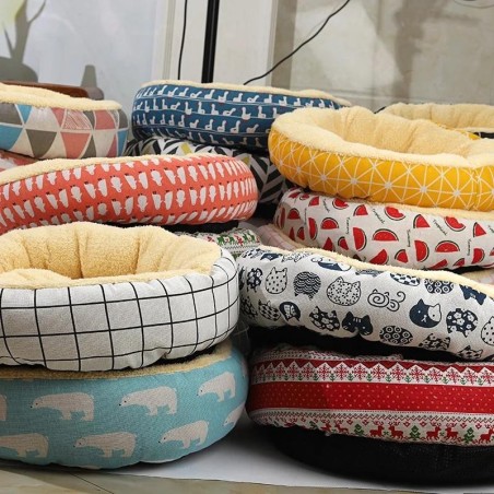 Warme Katzenbettmatten, runde Zwingerbetten für Katzen und Hunde, Fleece-Plüschkissen, Druckmuster 50cm