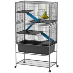 PawHut Kleintierkäfig, Nagerkäfig Frettchenkäfig mit ausziehbarem Tablett Mäusekäfig mit Rampen, Hängematte, Rollen, Ablage,
