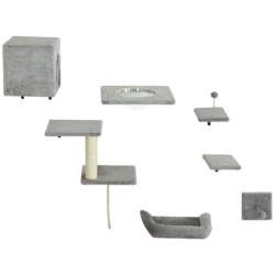 PwaHut Kletterwand Katzen 7-teilig Katzen Kletterwand Set mit Katzenhaus, Plattform, Kratzbaum mit Hängeball, Plüsch-Wandkrat