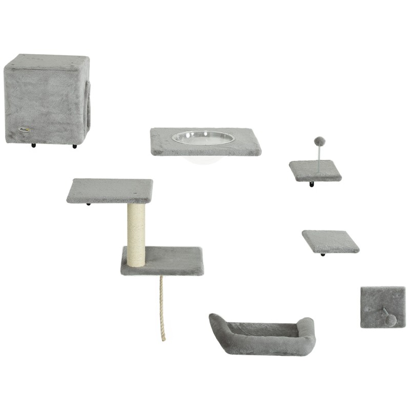 PwaHut Kletterwand Katzen 7-teilig Katzen Kletterwand Set mit Katzenhaus, Plattform, Kratzbaum mit Hängeball, Plüsch-Wandkrat
