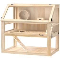 PawHut Hamsterkäfig aus Holz 3 Etagen Nagarium Nagerkäfig Kleintierkäfig mit klappbarem Deckel Laufrad und Zubehör, Kleintier
