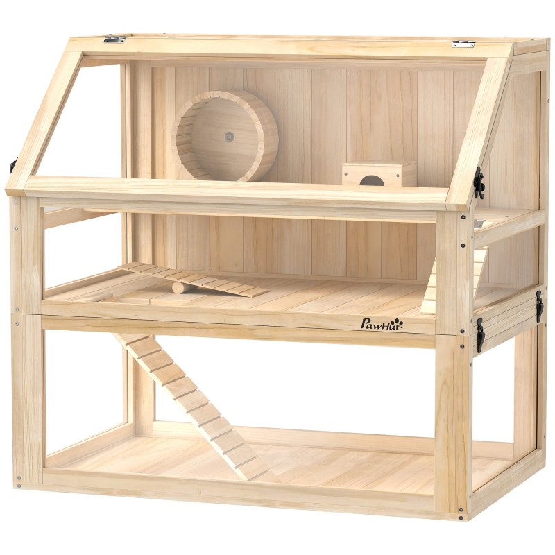 PawHut Hamsterkäfig aus Holz 3 Etagen Nagarium Nagerkäfig Kleintierkäfig mit klappbarem Deckel Laufrad und Zubehör, Kleintier