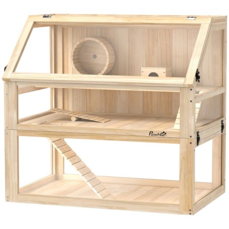PawHut Hamsterkäfig aus Holz 3 Etagen Nagarium Nagerkäfig Kleintierkäfig mit klappbarem Deckel Laufrad und Zubehör, Kleintier