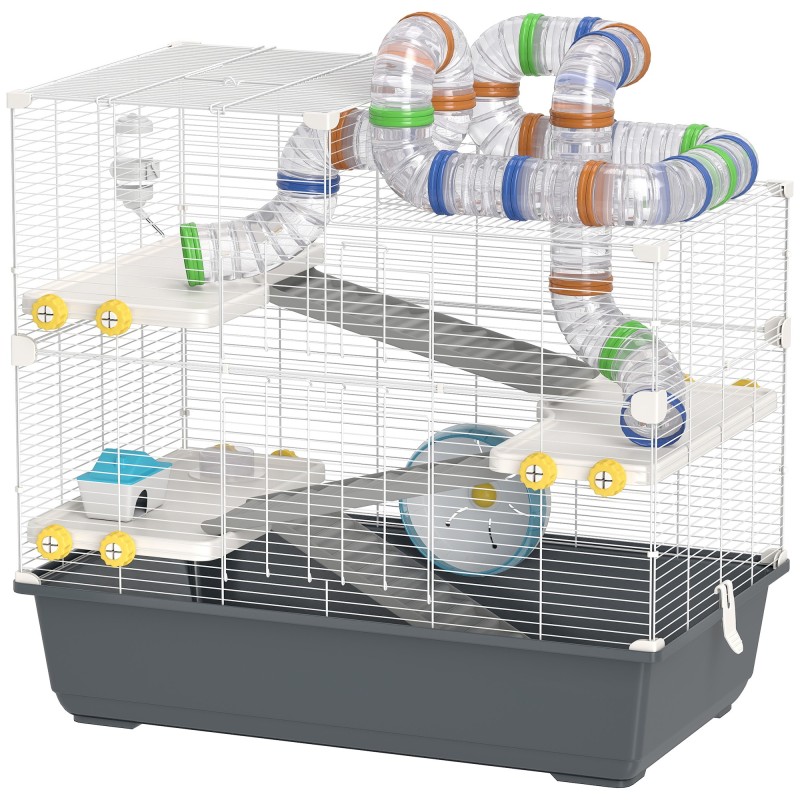 PawHut Hamsterkäfig 4 Etagen Nagerkäfig  Kleintierkäfig mit Laufrad Futternapf Tunnel Hütte Obertür, Kleintierstall Käfig für
