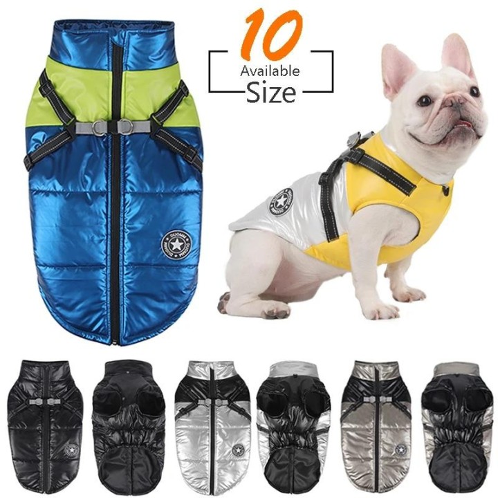 S-7XL Haustier-Hundejacke Großer Hundemantel mit Geschirr Warme Winter-Hundekleidung für kleine mittelgroße Hunde Französisch