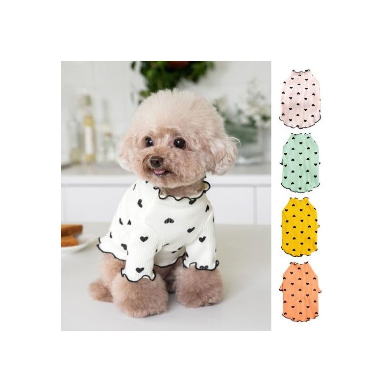Hundekleidung für kleine und mittelgroße Hunde und Katzen, Sommer/Herbst, Welpen-Shirt mit Herz-Print, dehnbar, langärmelig,