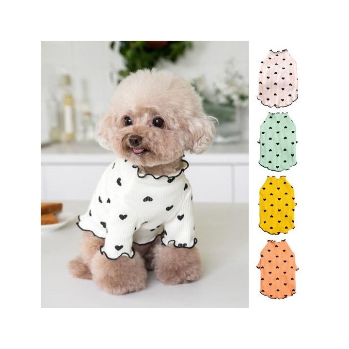 Hundekleidung für kleine und mittelgroße Hunde und Katzen, Sommer/Herbst, Welpen-Shirt mit Herz-Print, dehnbar, langärmelig,