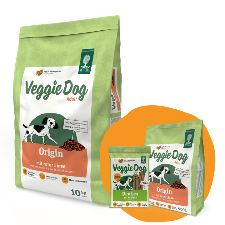 GREEN PETFOOD VeggieDog Origin mit roten Linsen 10kg + 900g & Denties GRATIS