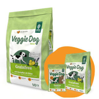 GREEN PETFOOD VeggieDog Grainfree mit Kartoffeln und Erbsen 10kg + 900g & Denties GRATIS