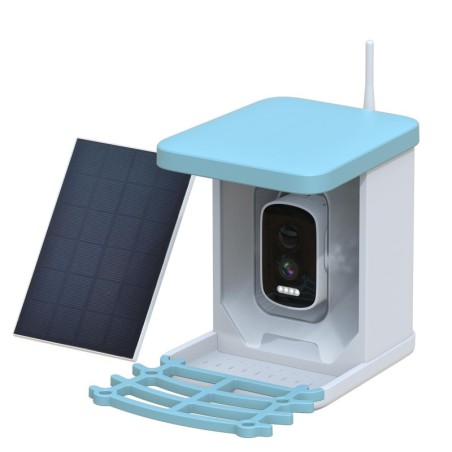 Vogelfutterspender mit 5MP-Kamera Solarbetriebener Kolibri-Vogelfutterspender Intelligente Vogelartenidentifizierung blau/wei