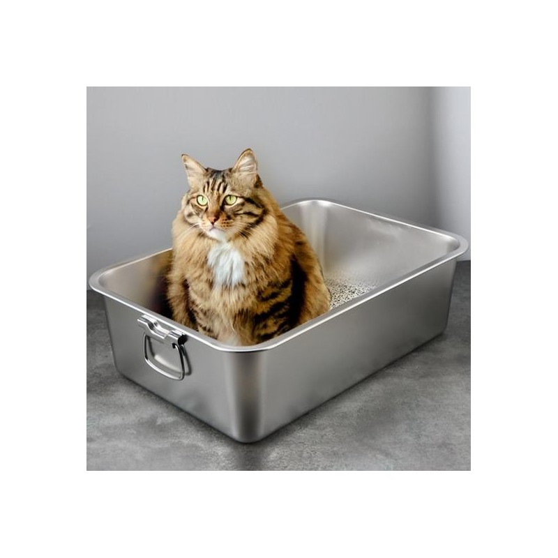 Rechteckige Katzentoilette aus Edelstahl, bruchfest, niedriger Einstieg, offen, geräumige Katzentoilette aus Metall, Haustier