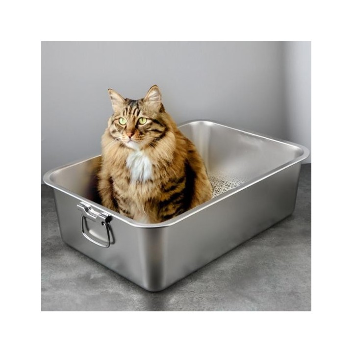 Rechteckige Katzentoilette aus Edelstahl, bruchfest, niedriger Einstieg, offen, geräumige Katzentoilette aus Metall, Haustier